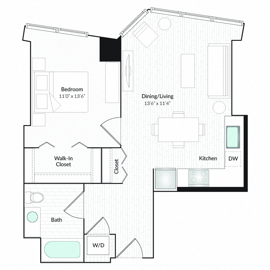 Floor plan for 1 bed, 1 bath, 715 sqft